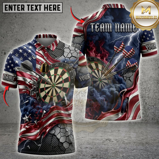 Maxcorners Darts American Flag Flaming Dartboard And Patriotic Lightning Personalized Name 3D Unisex Shirt