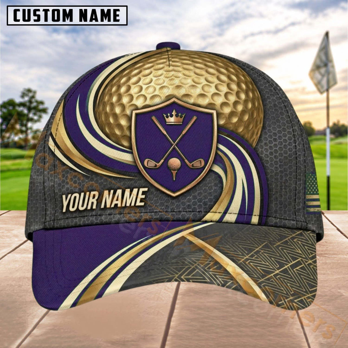 Maxcorners Golf Shield Clubs Gold Wave Personalized Name 3D Cap (6 Colors)