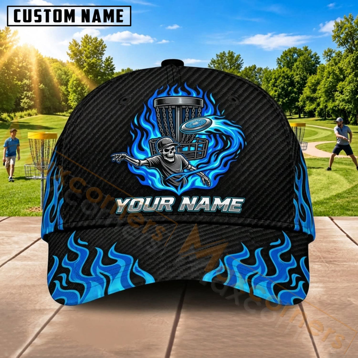 Maxcorners Disc Golf Blue Flame Skull Flying Disc Personalized Name 3D Cap