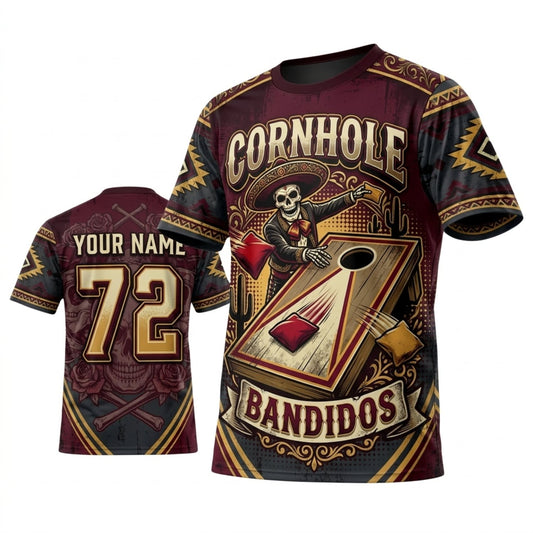 Maxcorners Cornhole Bandidos Vintage Burgundy Western Personalized Name 3D Unisex Shirt
