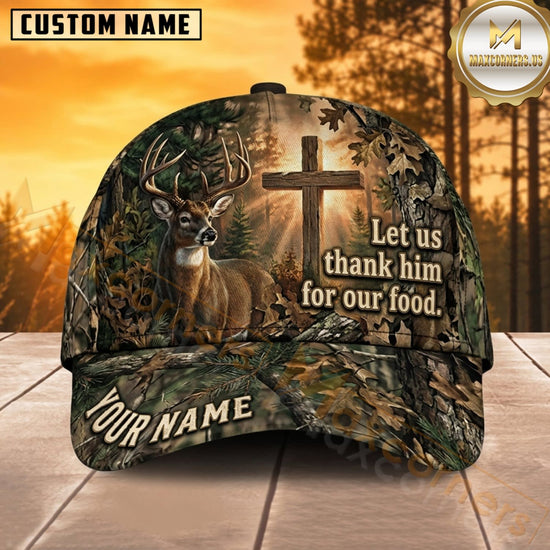 Maxcorners Deer Hunting Whitetail Buck Let Us Thank Him for Our Food Sunlit Cross Camo Customized Name 3D Cap