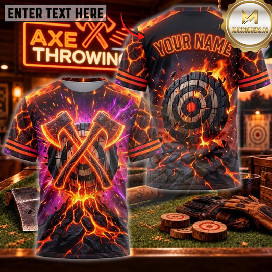 Maxcorners Axe Throwing Blazing Red Fire Crossed Axes Personalized Name 3D Unisex Shirt