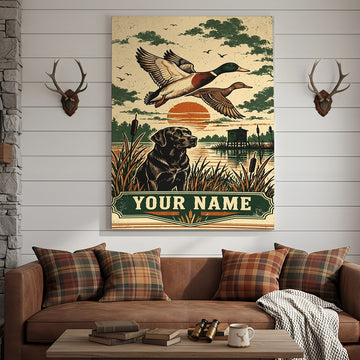 Maxcorners Duck Hunting Black Labrador Flying Mallards Retro Sunset Personalized Canvas Wall Art