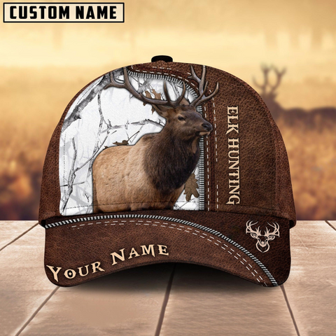 Maxcorners Elk Hunting Brown Leather Pattern Mutilcolored Personalized Name 3D Cap