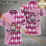 Maxcorners Golf Pink Argyle Pattern Breast Cancer Awareness Customized Name 3D Polo Shirt