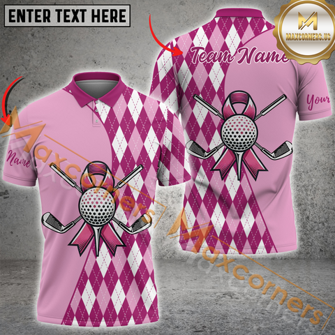 Maxcorners Golf Pink Argyle Pattern Breast Cancer Awareness Customized Name 3D Polo Shirt