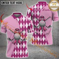 Maxcorners Golf Pink Argyle Pattern Breast Cancer Awareness Customized Name 3D Polo Shirt