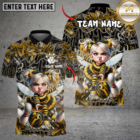 Maxcorners Bowling Angry Bee Girl Strike Ball Pin Action Graffiti Personalized Name 3D Unisex Shirt