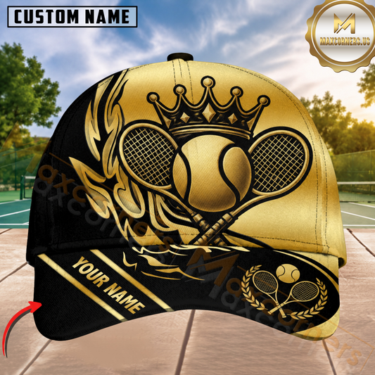 Maxcorners Tennis Crown & Flame Golden Rackets Personalized Name 3D Cap