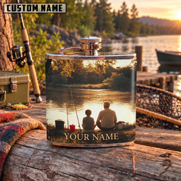 Maxcorners Fishing Father And Child Sunset Lake Personalized Name 3D Hip Flask