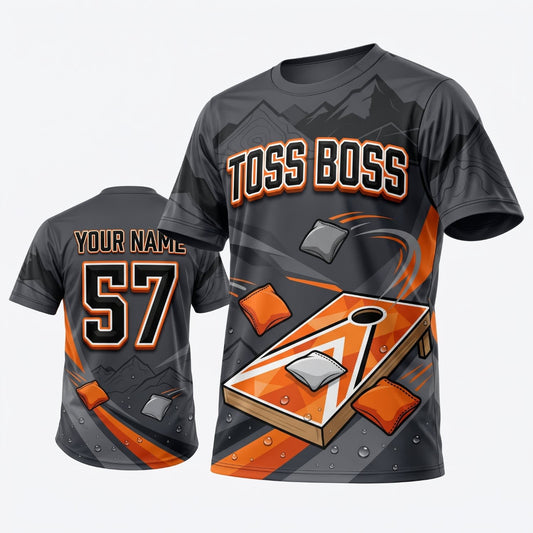 Maxcorners Cornhole Toss Boss Gray Orange Personalized Name 3D Unisex Shirt
