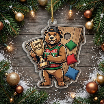 Maxcorners Cornhole Bear Player Mascot Customized Name 3D Keychain And Ornament