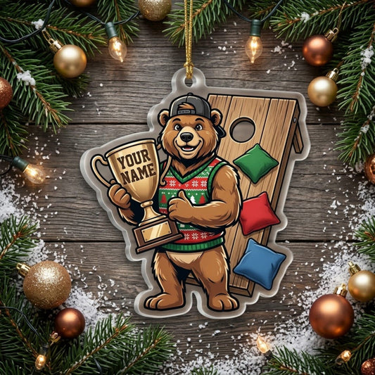 Maxcorners Cornhole Bear Player Mascot Customized Name 3D Keychain And Ornament