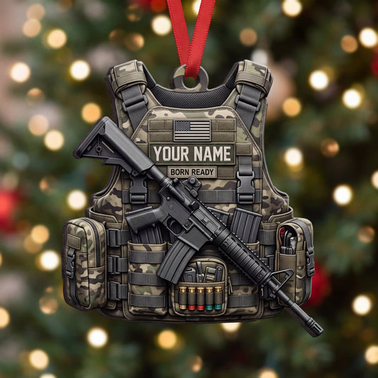 Maxcorners Black Tactical Vest And Rifle Personalized Name 3D Keychain And Ornament