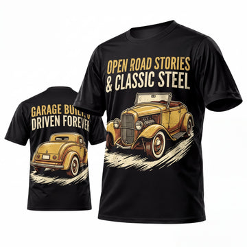 Maxcorners Personalized Car Classic Muscle Car 3D T-Shirt – Black Open Road Stories and Classic Steel Yellow Hot Rod