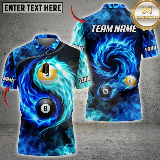 Maxcorners Billiards Blue Flame Eight And Nine Ball Multicolor Customized Name, Team Name 3D Shirts ( 4 Colors )