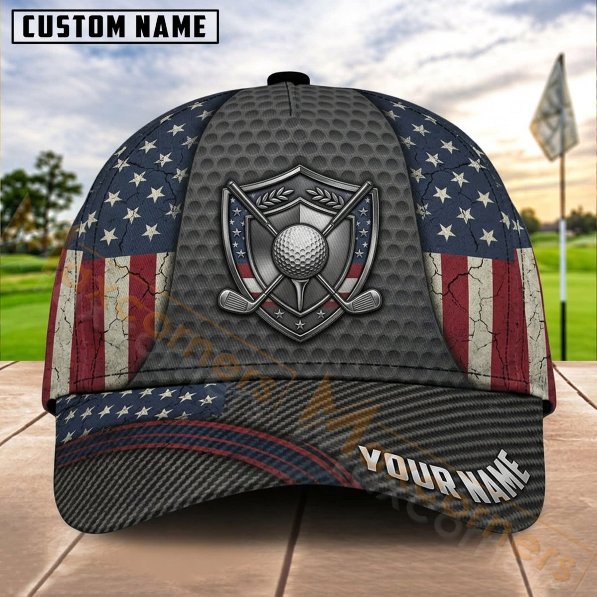 Maxcorners Golf USA Flag Silver Shield Ball Personalized Name 3D Cap