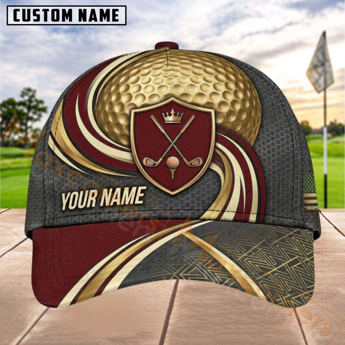 Maxcorners Golf Shield Clubs Gold Wave Personalized Name 3D Cap (6 Colors)