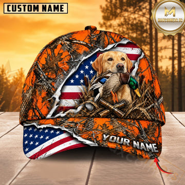 Maxcorners Dog Hunting And Duck Orange Woodland Camo American Flag Personalized Name 3D Cap
