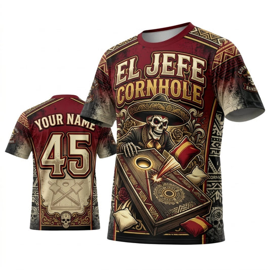 Maxcorners Cornhole El Jefe Vintage Western Skull Personalized Name 3D Unisex Shirt