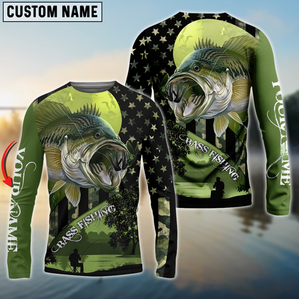 Maxcorners Largemouth Bass Fishing American Flag Personalized Name, Team Name 3D Long Sleeve Shirt