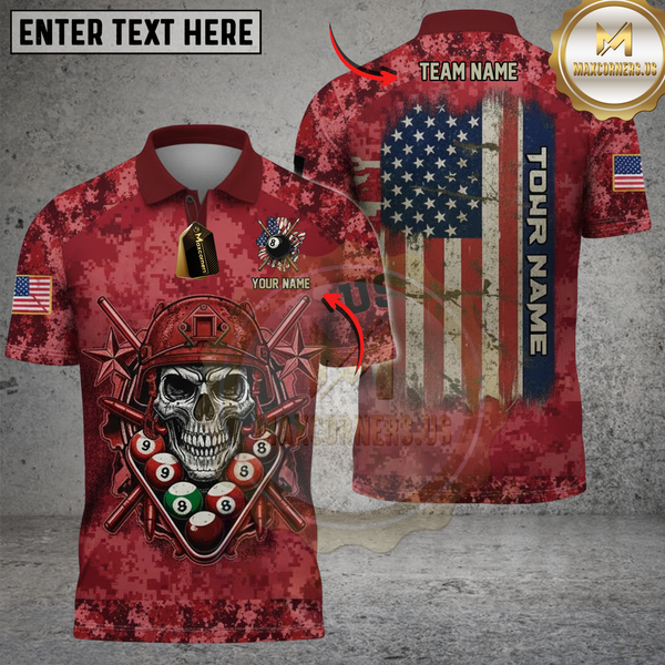 Maxcorners Billiard Skull US FLag Multicolor Customized Name, Team Name 3D Shirts