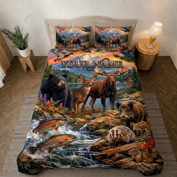 Maxcorners Hunting Dogs, Deer And Mallard Ducks Lake Sunset Bedding Set 3D Print Custom Name