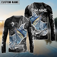 Maxcorners Marlin Fishing Black White Maori Personalized Name, Team Name 3D Long Sleeve Shirt