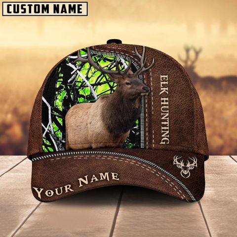 Maxcorners Elk Hunting Brown Leather Pattern Mutilcolored Personalized Name 3D Cap