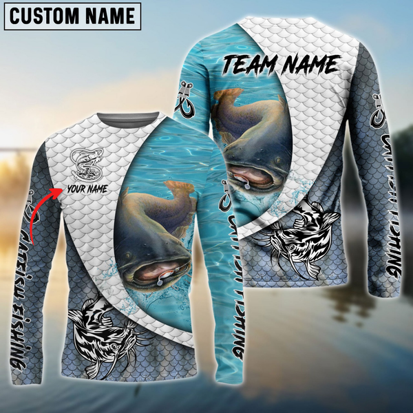 Maxcorners Catfish Fishing White Skin Diagonal Personalized Name, Team Name 3D Long Sleeve Shirt