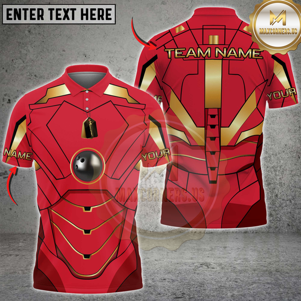 Maxcorners Bowling Iron Armor Red Gold Personalized Name 3D Unisex Shirt
