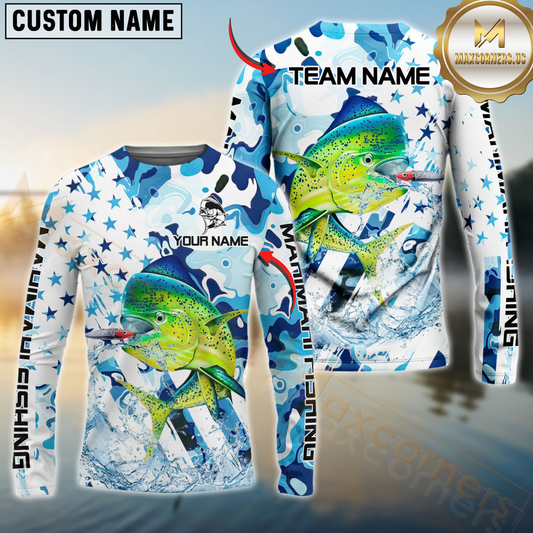 Maxcorners Fishing Blue White American Flag Personalized Name, Team Name 3D Shirt