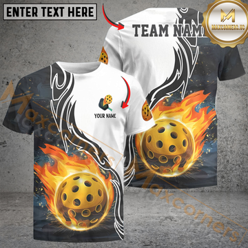 Maxcorners Flaming Pickleball Fireball Custom Name & Team 3D Shirt (4 Colors)