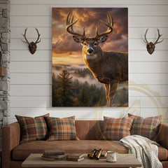Maxcorners Deer Canvas Golden Hour Misty Mountain View Canvas Wall Art