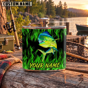 Maxcorners Fishing Mahi Mahi Green Flame Personalized Name 3D Hip Flask