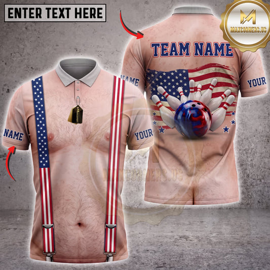 Maxcorners Bowling American Flag Suspenders Bowling Ball Pins Personalized Name 3D Unisex Shirt
