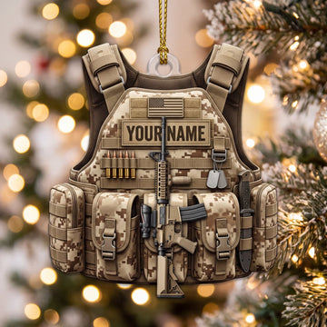 Maxcorners Military Desert Camo Tactical Vest And Rifle Personalized Name 3D Keychain And Ornament