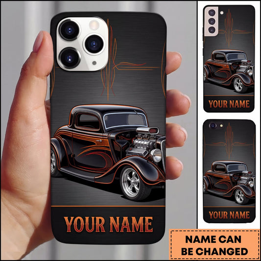 Maxcorners Hot Rod Black Vintage Car with Dark Smoke and Orange Racing Accents Personalized Name 3D Phone Case