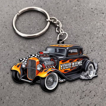 Maxcorners Hot Rod Black Orange Classic Roadster with White Tire Smoke Personalized Name 3D Keychain And Ornament
