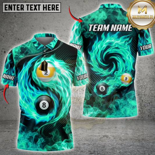 Maxcorners Billiards Blue Flame Eight And Nine Ball Multicolor Customized Name, Team Name 3D Shirts ( 4 Colors )
