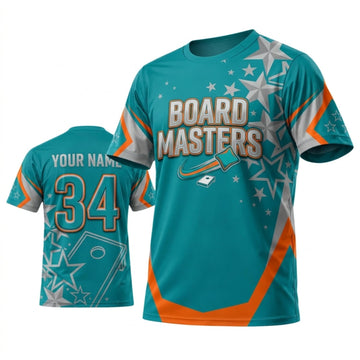 Maxcorners Cornhole Board Masters Teal Orange Star Personalized Name 3D Unisex Shirt