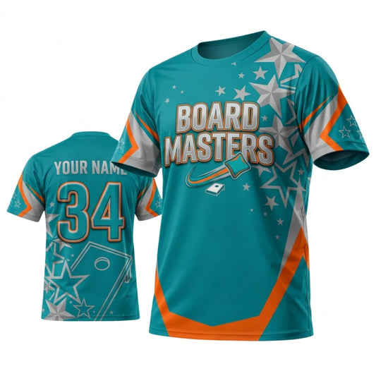 Maxcorners Cornhole Board Masters Teal Orange Star Personalized Name 3D Unisex Shirt
