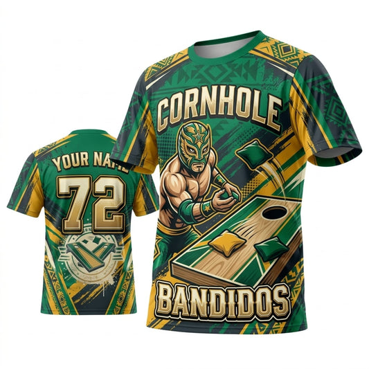 Maxcorners Cornhole Bandidos Vintage Green Western Personalized Name 3D Unisex Shirt