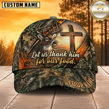Maxcorners Deer Hunting Whitetail Buck Let Us Thank Him for Our Food Orange Leaf Forest Camo Customized Name 3D Cap