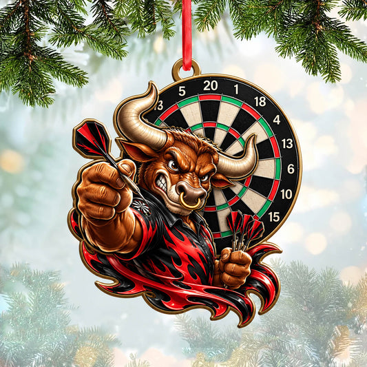 Maxcorners Darts Lover Fierce Bull Mascot, Throwing Darts, Target Board Personalized Name Ornament 2D Flat