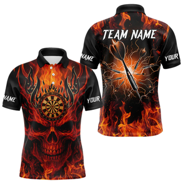 Maxcorners Orange Flaming Skull Men's Dart Jerseys Custom Dart Fire Lightning Darts Team Shirt Polo & 1/4 Zip LM064