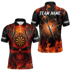 Maxcorners Orange Flaming Skull Men's Dart Jerseys Custom Dart Fire Lightning Darts Team Shirt Polo & 1/4 Zip LM064