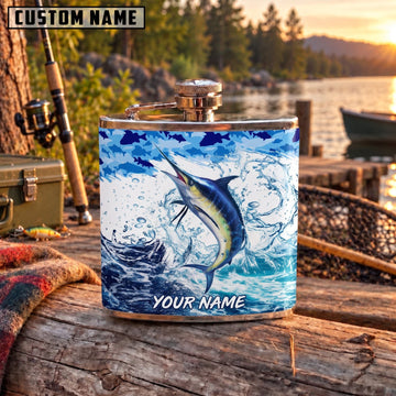 Maxcorners Fishing Blue Marlin Ocean Wave Splash Personalized Name 3D Hip Flask