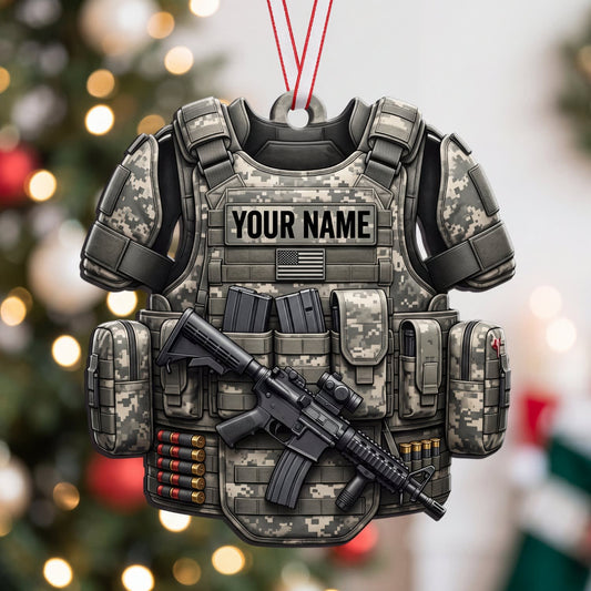 Maxcorners Military Black Tactical Armor And Rifle Personalized Name 3D Keychain And Ornament