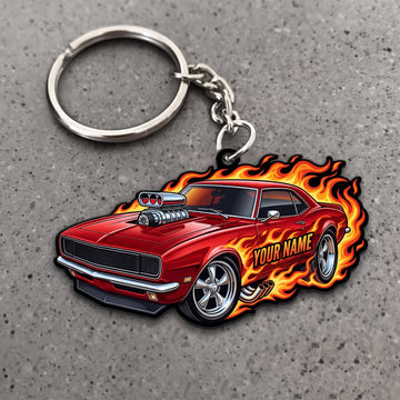 Maxcorners Classic Muscle Car Red Racing Coupe with Explosive Orange Flames Personalized Name 3D Keychain And Ornament